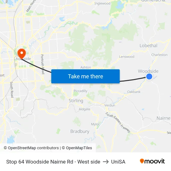 Stop 64 Woodside Nairne Rd - West side to UniSA map