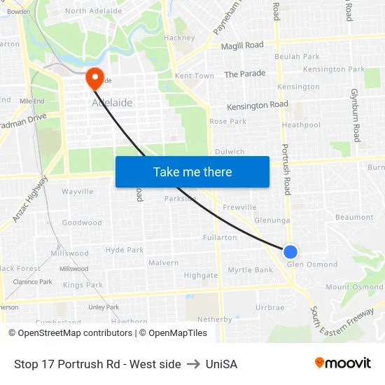Stop 17 Portrush Rd - West side to UniSA map
