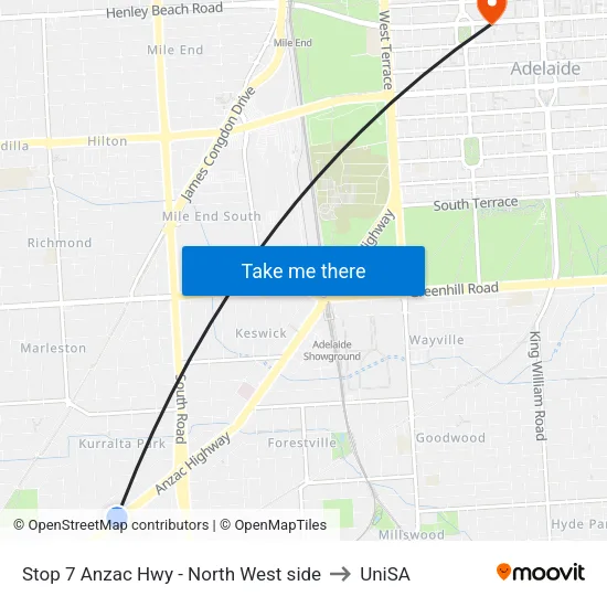Stop 7 Anzac Hwy - North West side to UniSA map