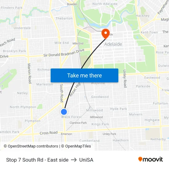 Stop 7 South Rd - East side to UniSA map