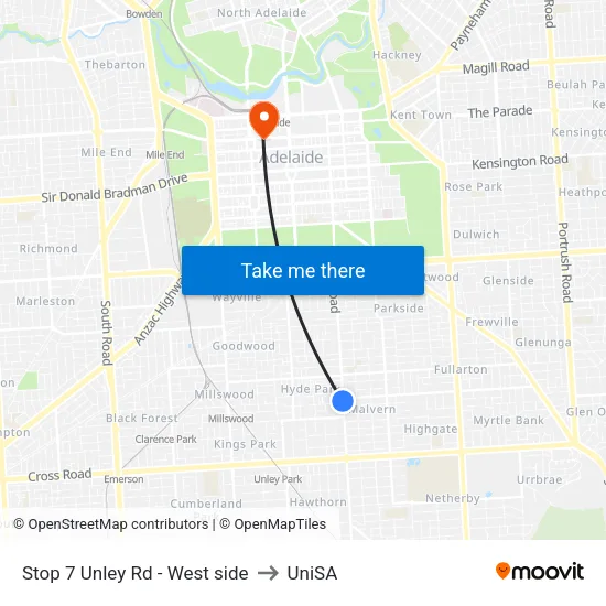 Stop 7 Unley Rd - West side to UniSA map