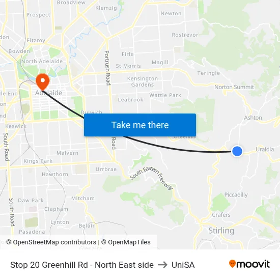 Stop 20 Greenhill Rd - North East side to UniSA map