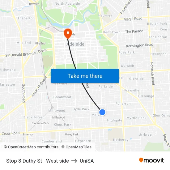 Stop 8 Duthy St - West side to UniSA map