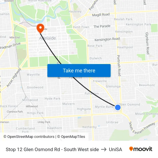 Stop 12 Glen Osmond Rd - South West side to UniSA map
