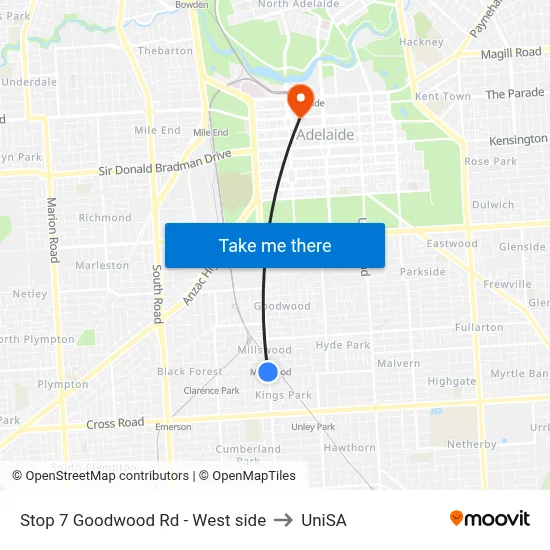 Stop 7 Goodwood Rd - West side to UniSA map