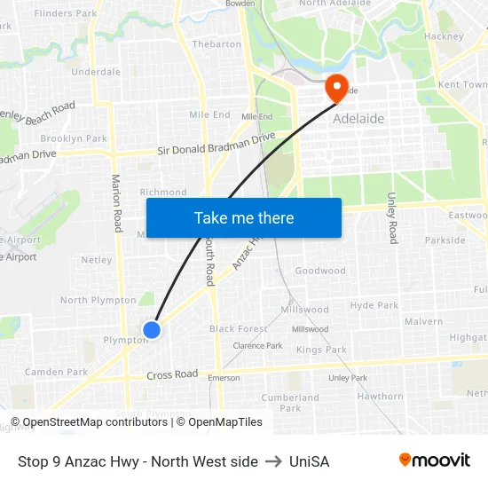 Stop 9 Anzac Hwy - North West side to UniSA map