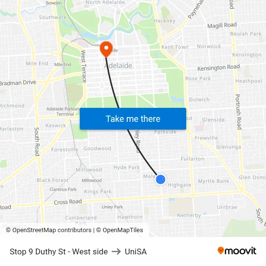 Stop 9 Duthy St - West side to UniSA map