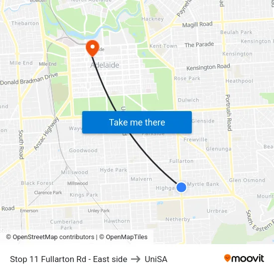 Stop 11 Fullarton Rd - East side to UniSA map