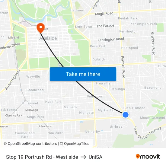 Stop 19 Portrush Rd - West side to UniSA map