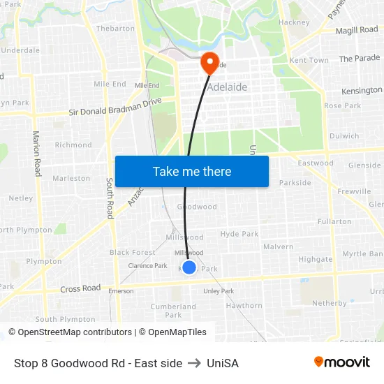 Stop 8 Goodwood Rd - East side to UniSA map