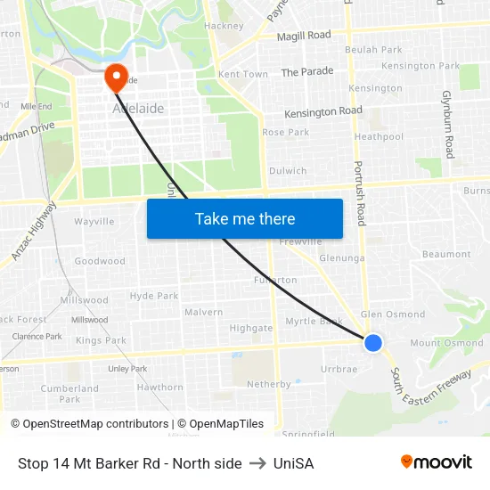 Stop 14 Mt Barker Rd - North side to UniSA map