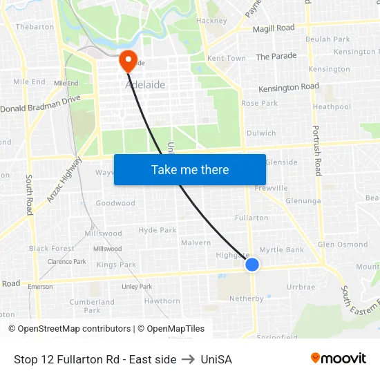 Stop 12 Fullarton Rd - East side to UniSA map