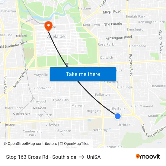 Stop 163 Cross Rd - South side to UniSA map