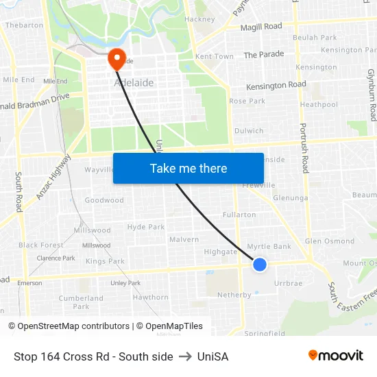 Stop 164 Cross Rd - South side to UniSA map