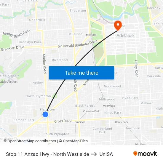 Stop 11 Anzac Hwy - North West side to UniSA map