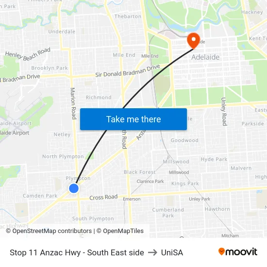 Stop 11 Anzac Hwy - South East side to UniSA map