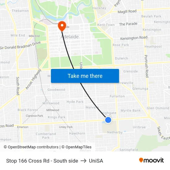 Stop 166 Cross Rd - South side to UniSA map