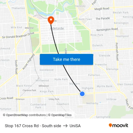Stop 167 Cross Rd - South side to UniSA map