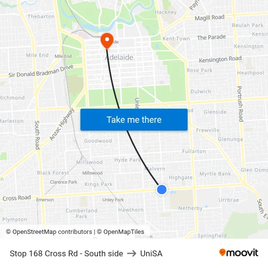 Stop 168 Cross Rd - South side to UniSA map