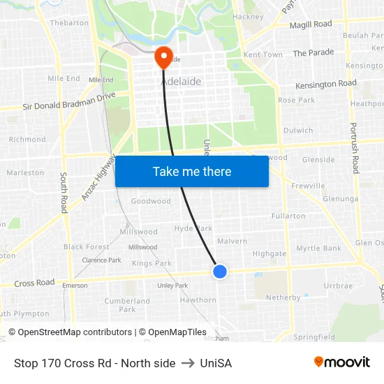 Stop 170 Cross Rd - North side to UniSA map