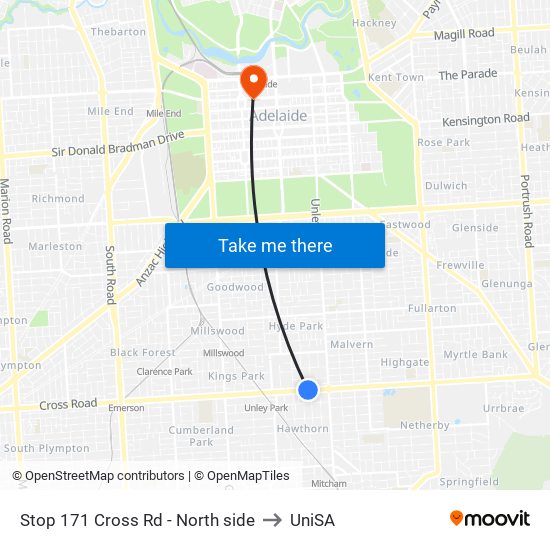 Stop 171 Cross Rd - North side to UniSA map