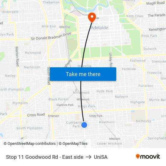 Stop 11 Goodwood Rd - East side to UniSA map