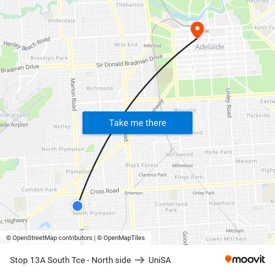 Stop 13A South Tce - North side to UniSA map