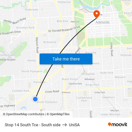 Stop 14 South Tce - South side to UniSA map