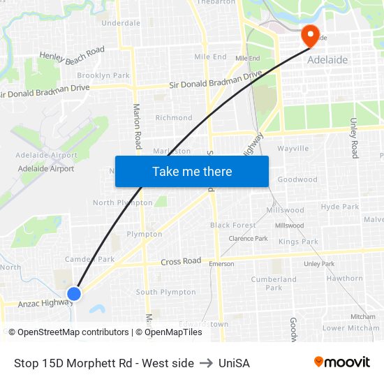 Stop 15D Morphett Rd - West side to UniSA map