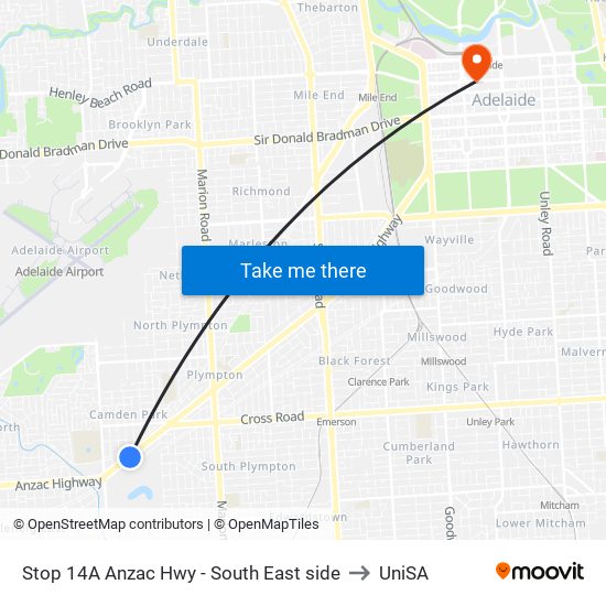 Stop 14A Anzac Hwy - South East side to UniSA map