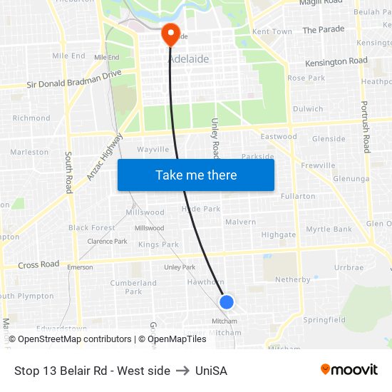 Stop 13 Belair Rd - West side to UniSA map