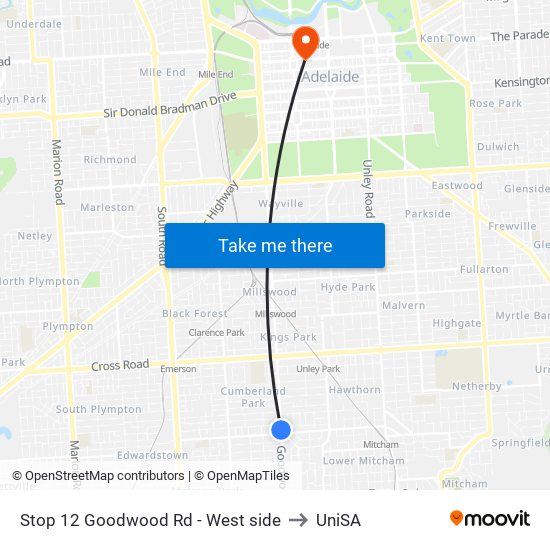 Stop 12 Goodwood Rd - West side to UniSA map