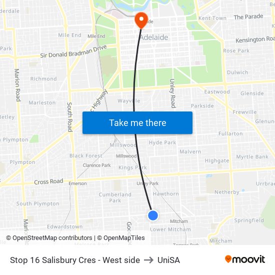 Stop 16 Salisbury Cres - West side to UniSA map
