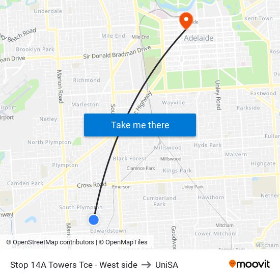 Stop 14A Towers Tce - West side to UniSA map