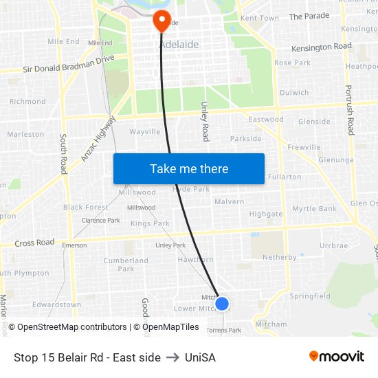 Stop 15 Belair Rd - East side to UniSA map