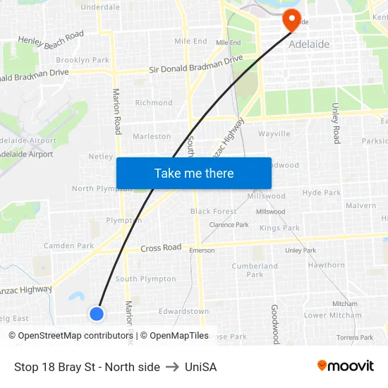Stop 18 Bray St - North side to UniSA map