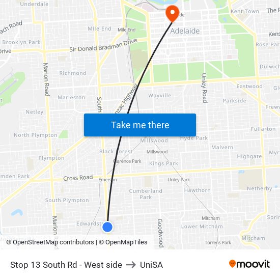 Stop 13 South Rd - West side to UniSA map