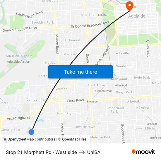 Stop 21 Morphett Rd - West side to UniSA map