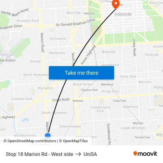 Stop 18 Marion Rd - West side to UniSA map