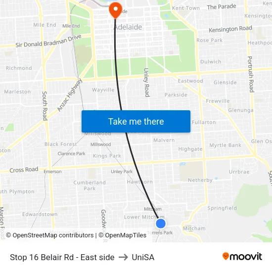 Stop 16 Belair Rd - East side to UniSA map