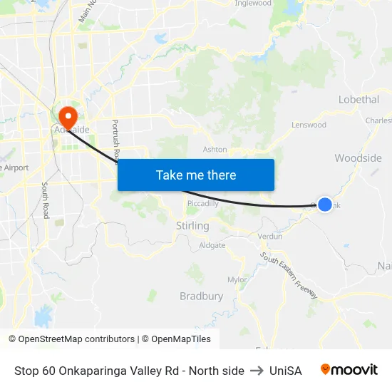 Stop 60 Onkaparinga Valley Rd - North side to UniSA map