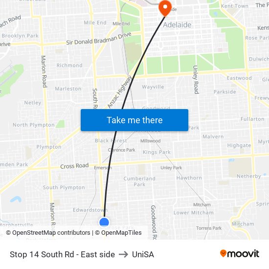 Stop 14 South Rd - East side to UniSA map