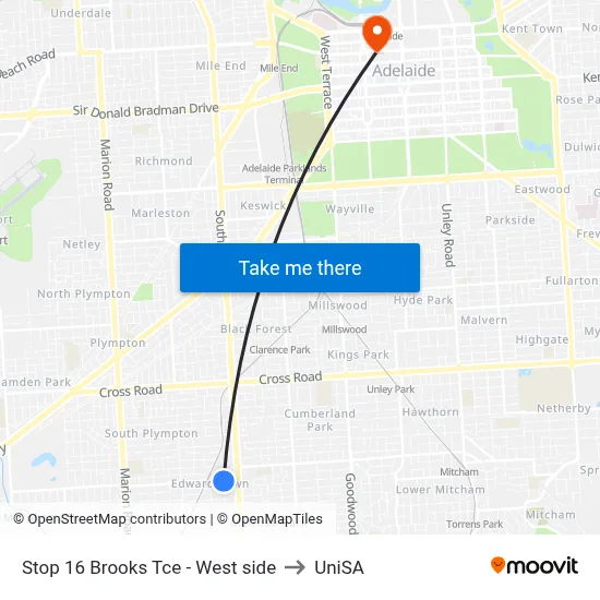 Stop 16 Brooks Tce - West side to UniSA map