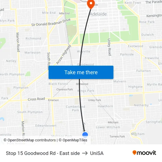 Stop 15 Goodwood Rd - East side to UniSA map