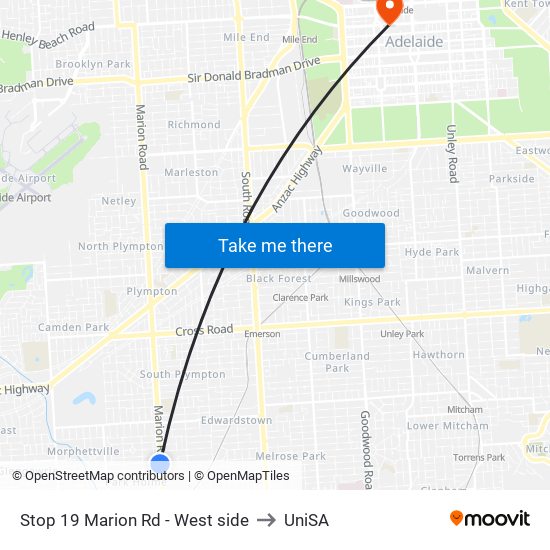 Stop 19 Marion Rd - West side to UniSA map