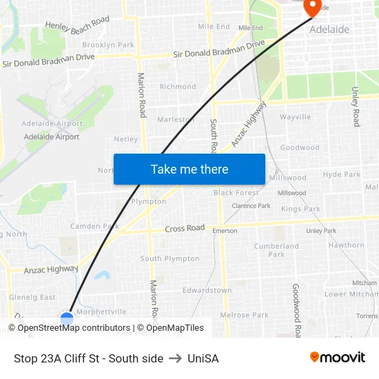 Stop 23A Cliff St - South side to UniSA map