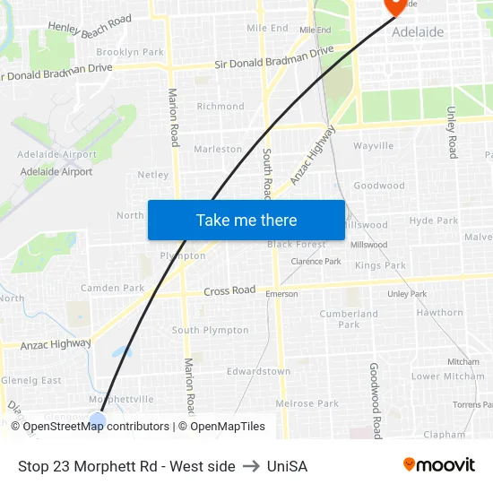 Stop 23 Morphett Rd - West side to UniSA map