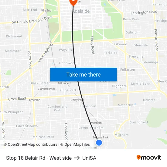 Stop 18 Belair Rd - West side to UniSA map
