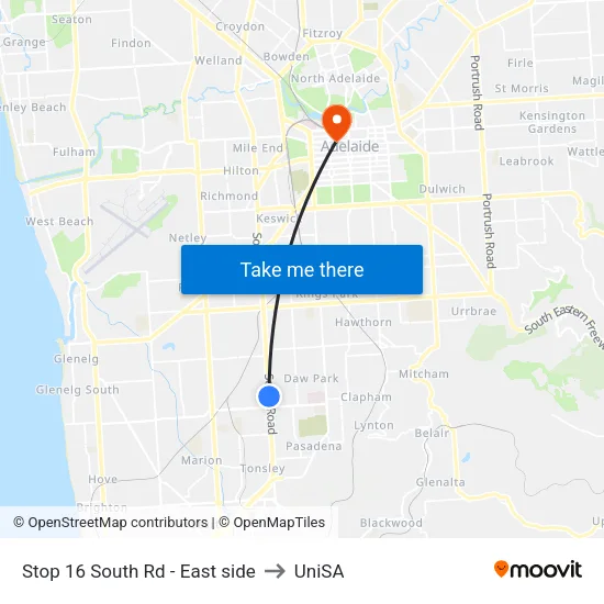 Stop 16 South Rd - East side to UniSA map