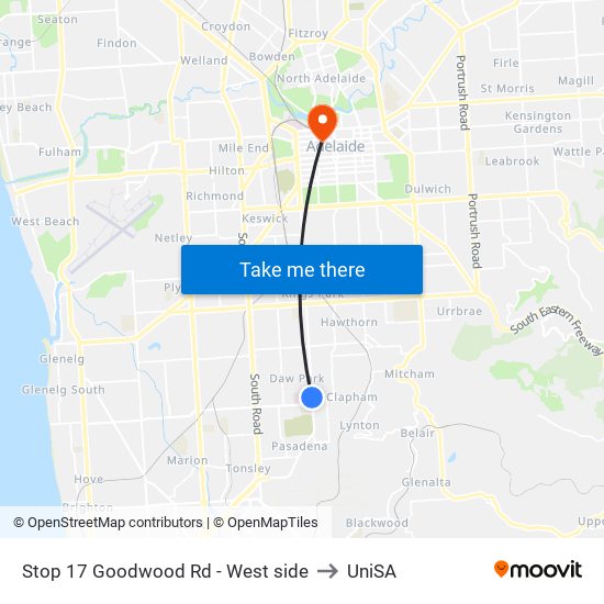 Stop 17 Goodwood Rd - West side to UniSA map